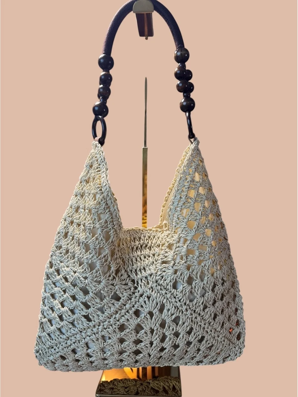 Crochet Straw Hobo Bag Bead Hollow Shoulder Bag Khaki Color